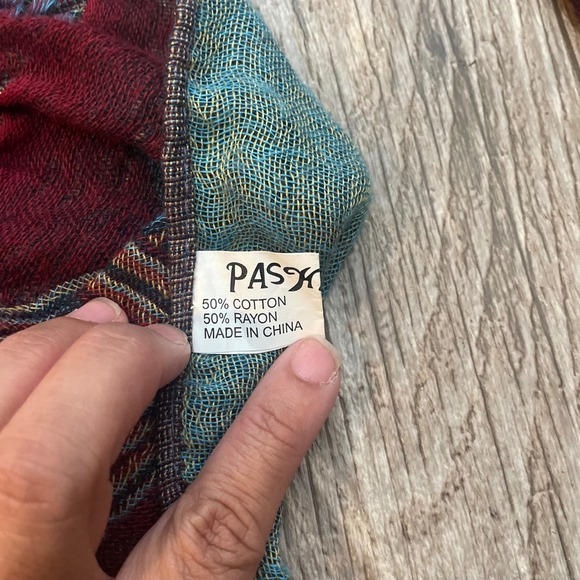 PASHMINA Women's Geometric Floral Smocked Scarf Wrap Shawl Burgundy Teal - Picture 7 of 13